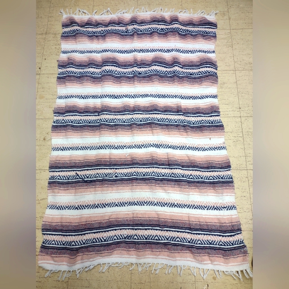Pink Maroon and white Mexican woven blanket